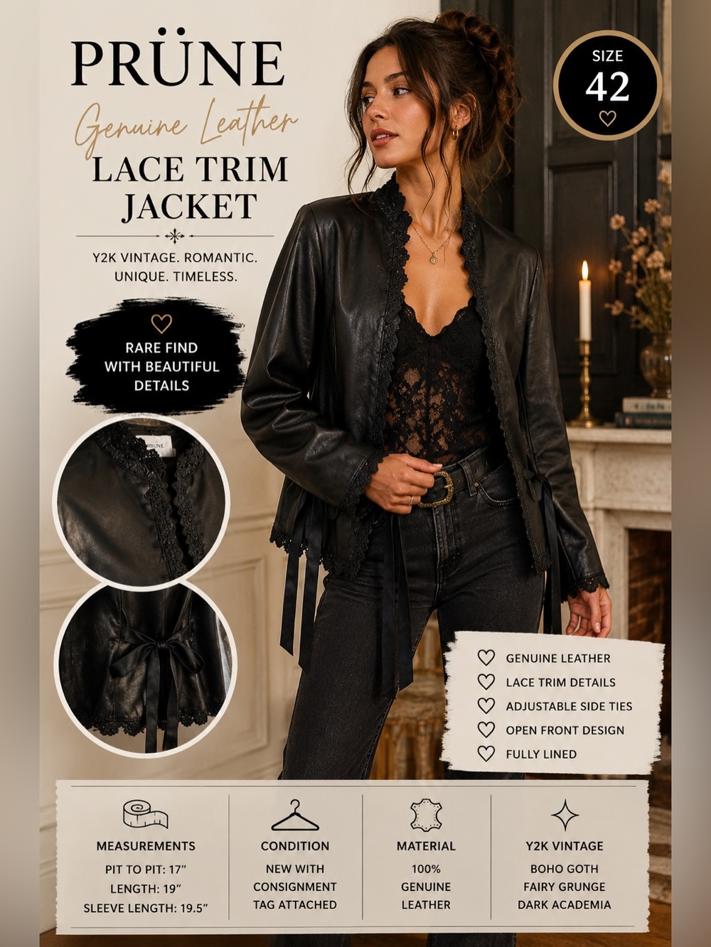 🖤 PRÜNE Genuine Leather Lace Trim Jacket NWT | Size 42 | Y2K Vintage Boho Goth